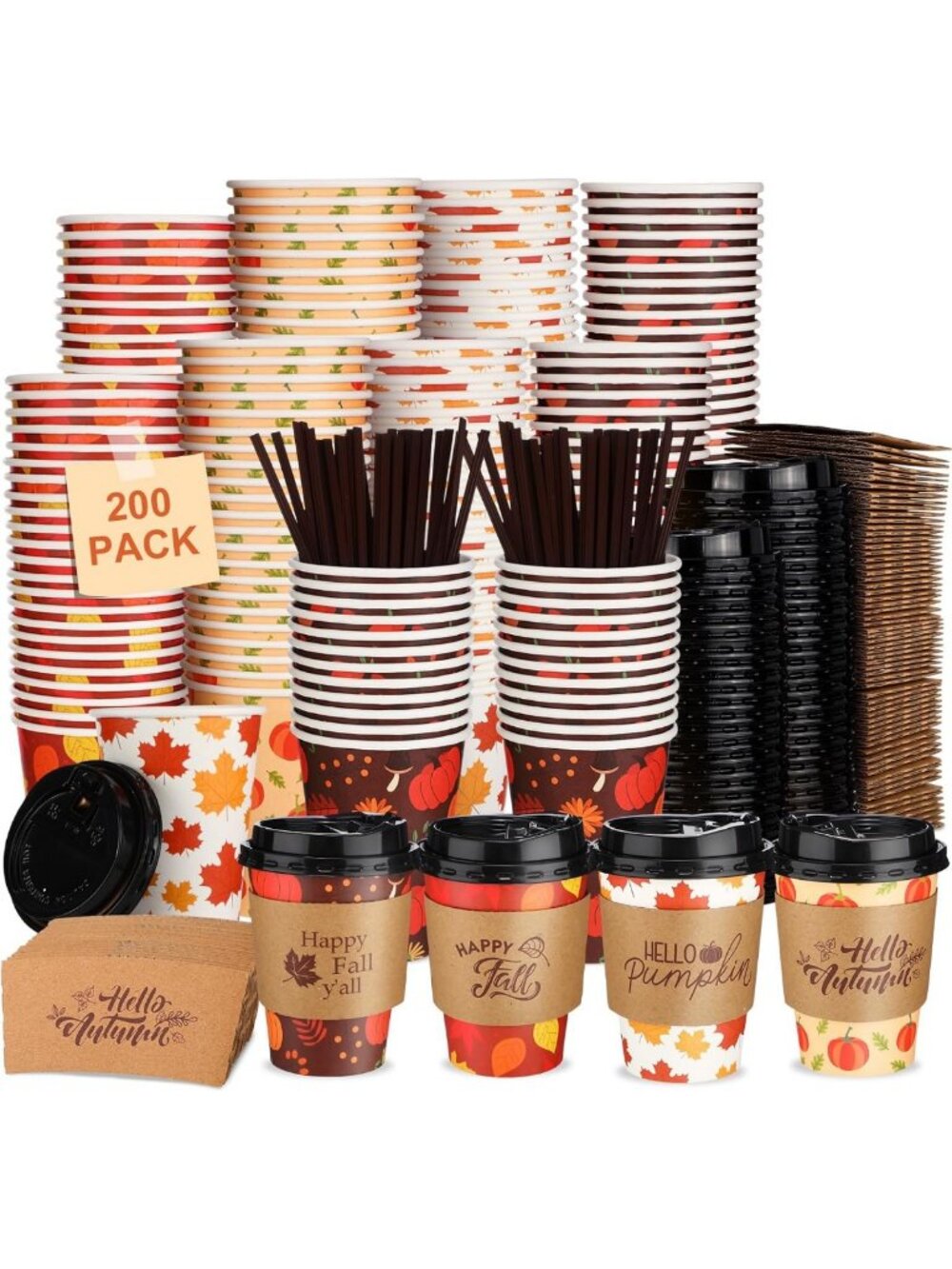 200 Pack 12 oz Fall Disposable Coffee Cups with Lids & Sleeves - Perfect for